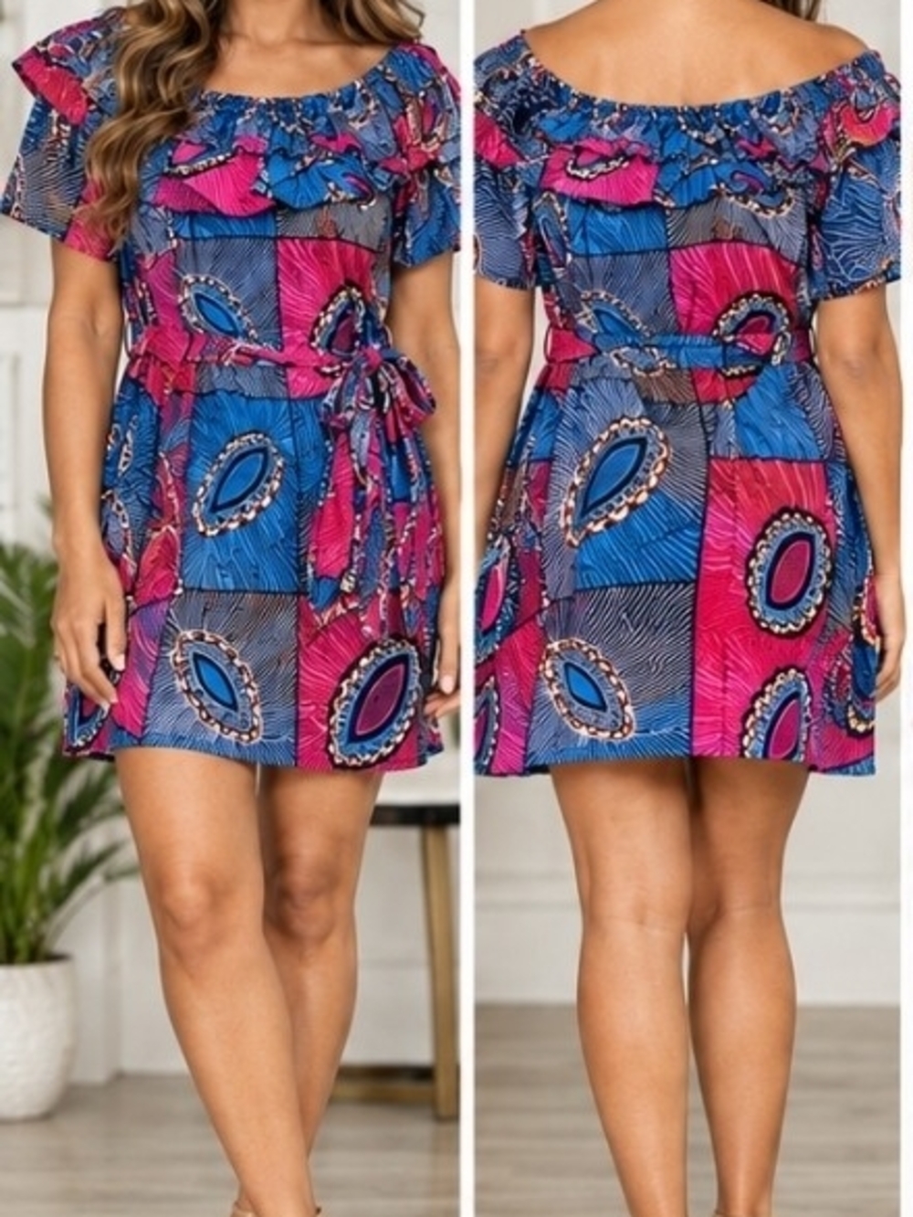 Off-Shoulder Short Dress in Blue & Pink
